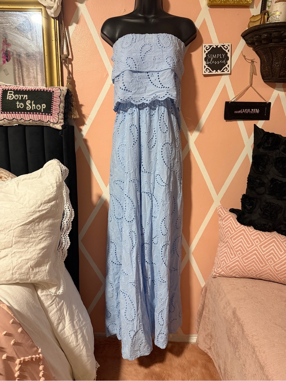Strapless Light Blue Eyelet Maxi Dress